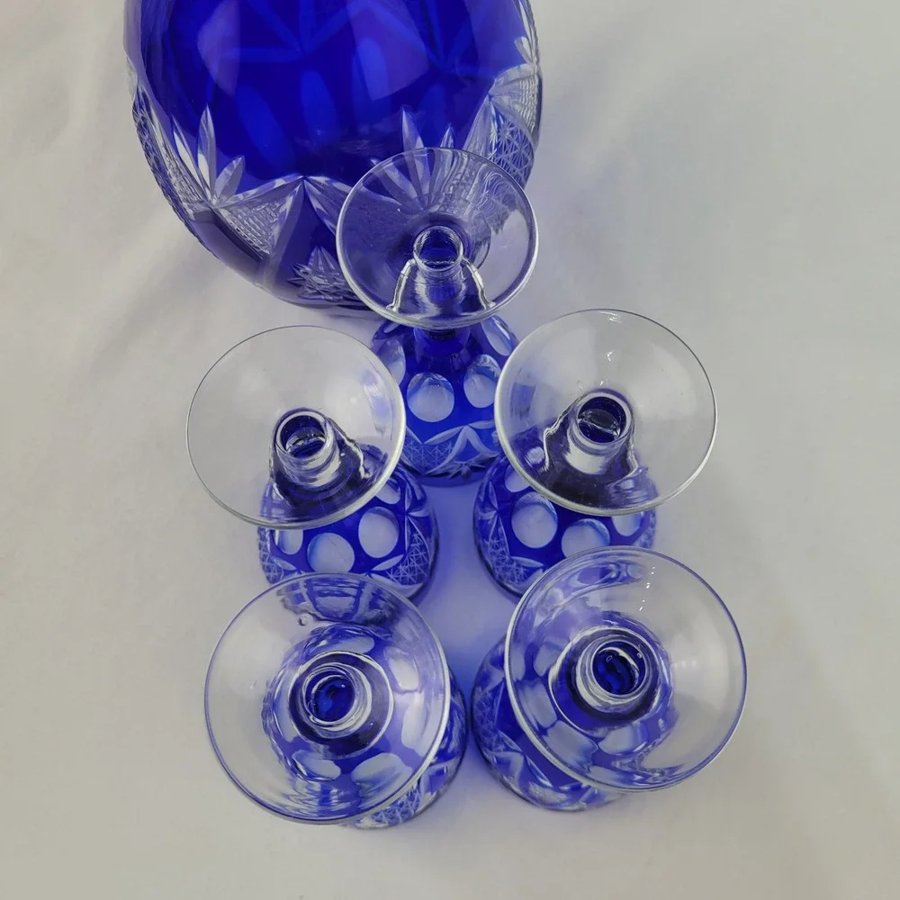 Vintage Bohemian Cobalt Blue Cut to Clear Crystal Decanter 5 Cordial Glasses Set